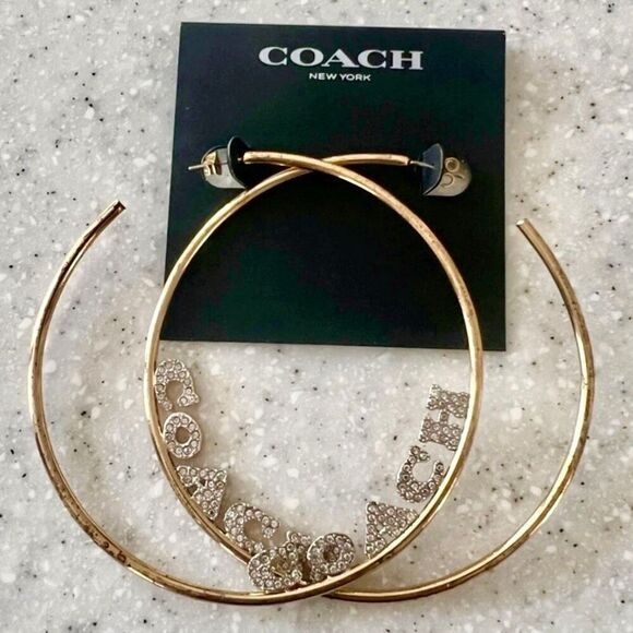 NWT Coach Signature Gold Big 3”Gold Polished Shinny Round Hoop Monogram Earrings - Picture 9 of 12